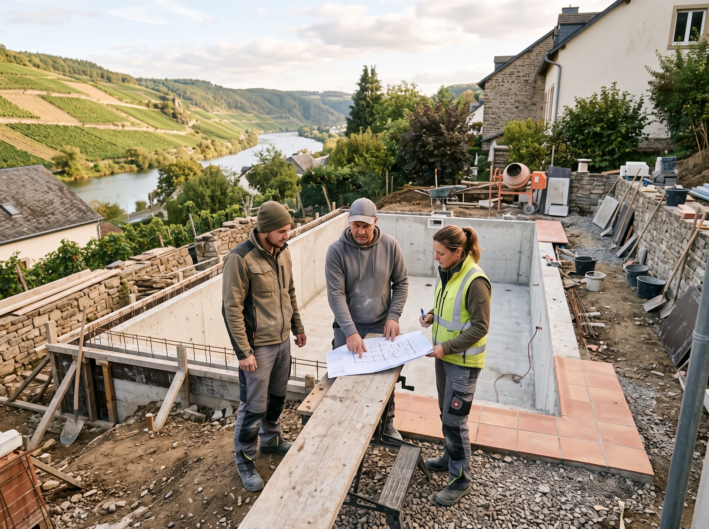 L'équipe d'Aqua Lentz sur un chantier de piscine dans la vallée de la Moselle