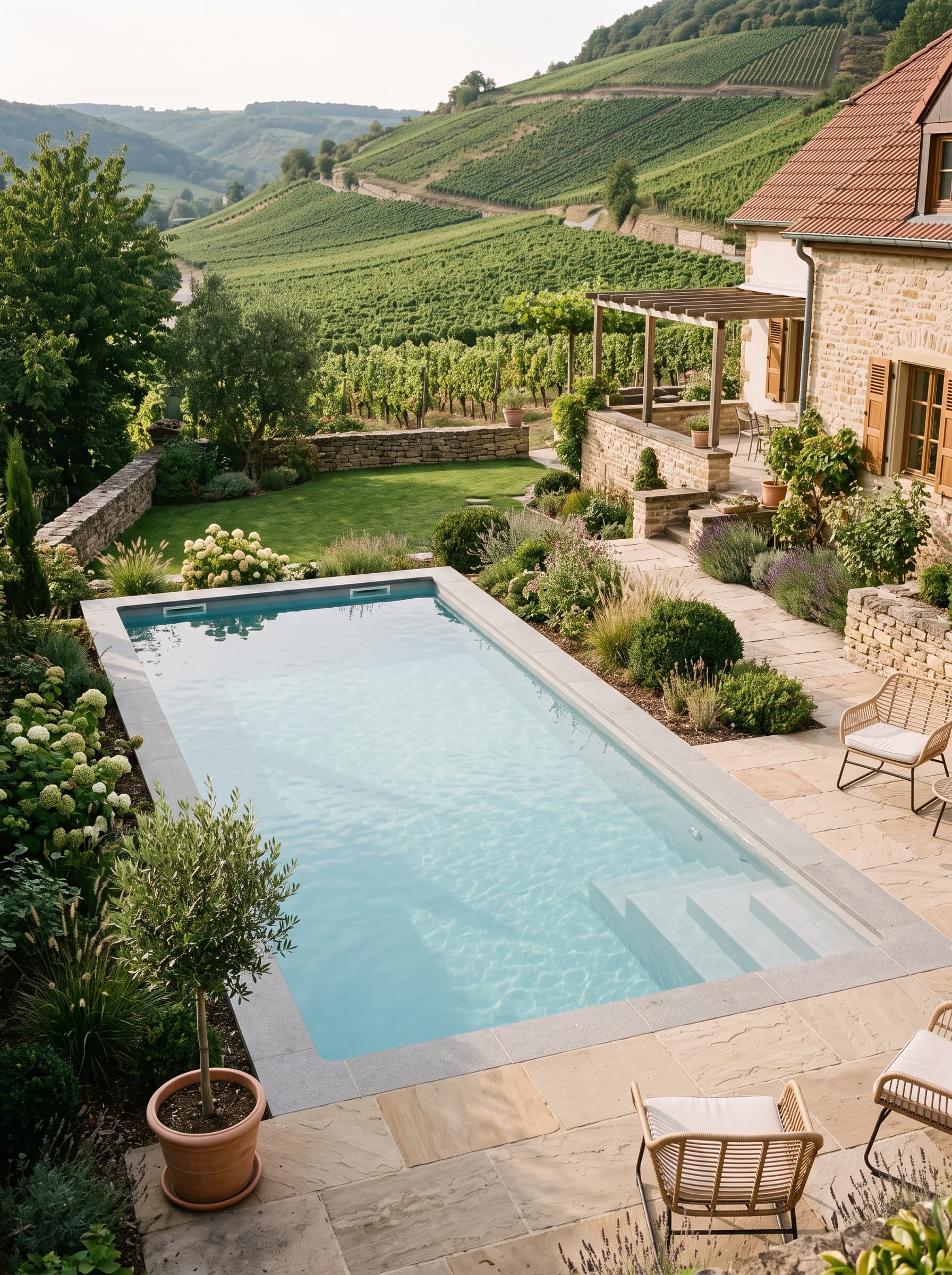Chantier de piscine réalisé par Aqua Lentz dans la vallée de la Moselle, près de Remich